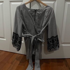 NEW Calvin Klein Wrap Top Blouse with Lace Puff Sleeves